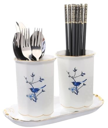 Portautensilios Soporte for cubiertos de cerámica de 2 piezas, organizador de utensilios estilo lavado de tinta china, soporte for cubiertos de cocina, escurridor de cubiertos for encimera Bote para u