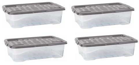 Strata 4 x 30 Litres Curve Plastic Stackable Storage Box & Lid with clip-on lids, 4 Pack, Multi storage box for home and office storage solution Clear Box, Grey Lid, (17cm H x 40cm W x 60cm D)