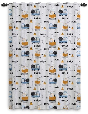 ggaimwf Vorhänge Kinderzimmer Jungen Cartoon Build Dude Fahrzeuge LKW-Konstruktionsmuster Fensterdekorationen Kindervorhänge für Schlafzimmer Bleistiftfalte Teens Spielzimmer 107x160cm 1 Stück