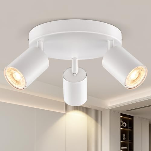 3 Way Spotlight Ceiling Lights Adjustable, Matt White Round Spot Lights | GU10 Industrial Spotlights Fitting Rotatable, GU10 LED Ceiling Light, Ceiling Spotlight Indoor for Hallway, Bulb Not Included