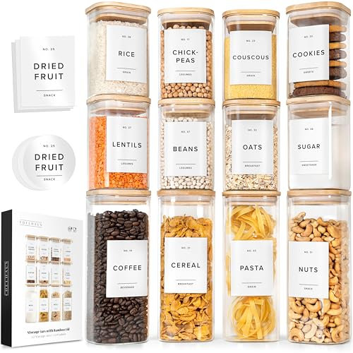 EDELHAUS Square Glass Storage Containers with Bamboo Lids 12-Pack (4x 30 oz, 8x 17 oz) Airtight Glass Storage Jars with Lids for Food, Stackable Glass Kitchen Canisters with 114 Labels for Pantry