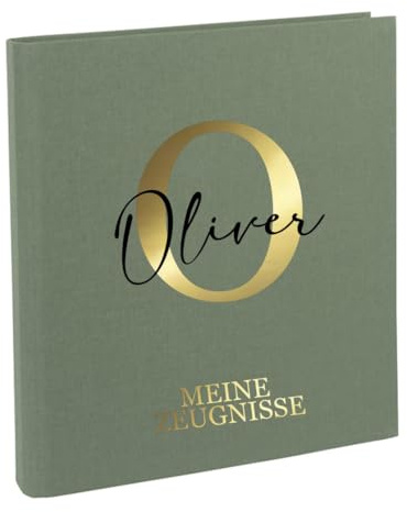 AWASG Zeugnismappe Kinder mit Namen personalisiert | Dokumentenmappe Buchstabe Initiale für Mädchen Jungen | Zeugnisordner Leinen zum Einsortieren von Urkunden (Olive)