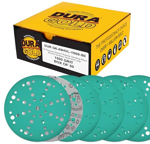 Dura-Gold Premium 1500 Grit 6 Green Film Sanding Discs, 49-Hole Pattern, Box of 50 - Heavy-Duty Dustless Hook & Loop Backing Sandpaper for DA, Random Orbital Sander, Detail Color Sand Auto Paint Wood