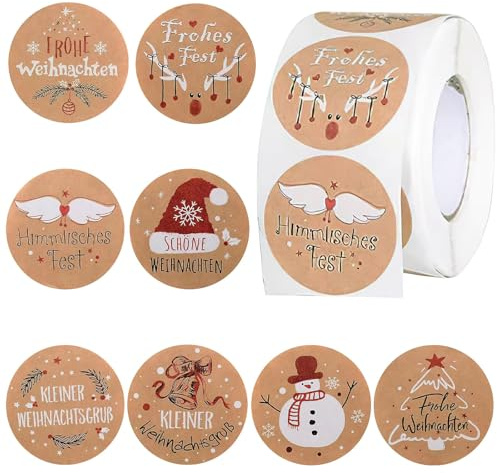 500 Stück Aufkleber Weihnachten, Kraftpapier Weihnachtsaufkleber | Sticker Weihnachten Rund im 8 Stil, Weihnachtsaufkleber Selbstklebend für Geschenkverpackungen, Party Dekoration, Umschlag