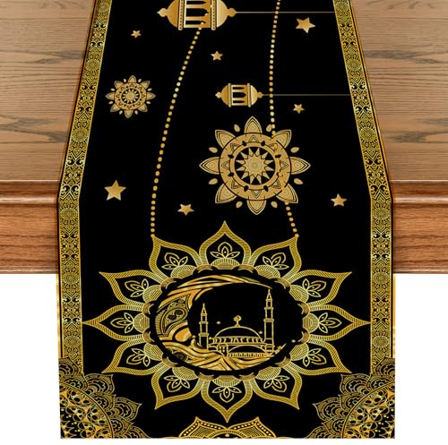 Eid Ramadan Bordslöpare, Eid Mubarak Bordslöpare, Ramadan-duk, Svart Guld Månstjärnor Bordslöpare, för Eid Mubarak Fester Bordsduk Semester Bordsduk 33 x 180 cm