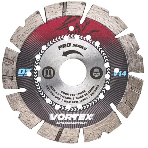 OX Pro V14 Diamond Blade for Concrete - 115mm/22.23mm, Turbo V Tooth for Fast Cutting and Long Life, Cuts Kerbs & Slabs, Concrete Paviors, Roof Tiles, Bricks, General Building Materials