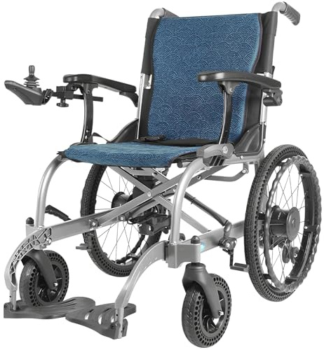 AMITD Rollstuhl Elektrisch Faltbar Leichter All Gelände, 16kg, 20 km, 150 kg Traglast, Aluminiumrahmen, 48 cm Sitz, 20-Zoll-Reifen mit Handgriffring, Elektrorollstuhl für Indoor Outdoor Reise