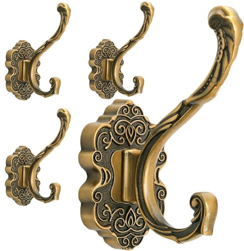 Peohud 4 Pack Vintage Coat Hooks, Antique Brass Wall Hook, Gold Decorative Towel Hooks Wall Mounted Hanger for Key, Bags, Hat, Scarves, Clothes, Entryway, Bedroom, Bathroom