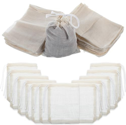 Ptwola 60 Pcs Drawstring Loose Leaf Tea Bags Reusable Cotton Muslin Mesh Bag Cheesecloth Straining Bags Small Spice Sachet Cheese Cloth Bag Empty for Cooking Soup Coffee Bone Broth Brew
