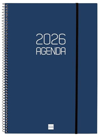 Finocam - Agenda Espiral 2026 Semana Vista Vertical | Enero - Diciembre (12 meses) | Agenda A4 Anual 2026 con goma | Tapa de polipropileno Espiral Opaque - Azul - Español