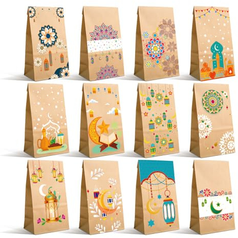 12 Stück Papiertüten, Kindersüßigkeiten Geschenktasche, Kraftpapiertüten, Sterne Mond Muster, zum Verpacken von Geschenken, Gast, Kindergeburtstag, Hochzeit, Party, usw (22x12x8cm)