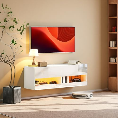 Meuble TV LED 120 x 35 x 40.5 cm, Meuble TV Mural Blanc Laqué éclairage LED avec 16 Couleurs Ajustables, Meuble Suspendu TV, pour Le Salon ou La Chambre à Coucher, Moderne, Blanc Brillant