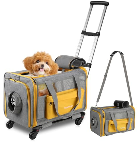 Pawinner Transportbox Katze Hunde mit Rollen, 45x33x33 cm Hundebox mit Trolley für Auto & Flugzeug, Faltbare Katzentransporttasche, Atmungsaktive Tragbar Hundetragetasche für Katzen & Hunde bis 9 Kg