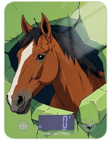 Divertente bilancia da parete a forma di cavallo con display LCD verde, per dieta, 5 kg/5 g, bilancia da cucina con 4 unità per preparare spezie e sapone (batterie non incluse)