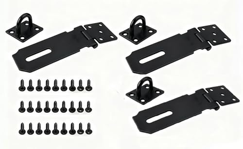 3 PCS 4 Inch Shed Door Latch Gate Lock Latch Hinge Padlock Catch Door Clasp Latch Security Hasp,hasp and Staple,Door Padlock Buckle for Doors, Windows, cabinets, pet Cages, lockers Etc(Black)