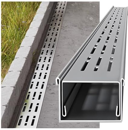 Canale di drenaggio in acciaio inox con griglie, per patio e passerelle, sistema di drenaggio da giardino a basso profilo, grondaia (100 x 8 x 7 cm)