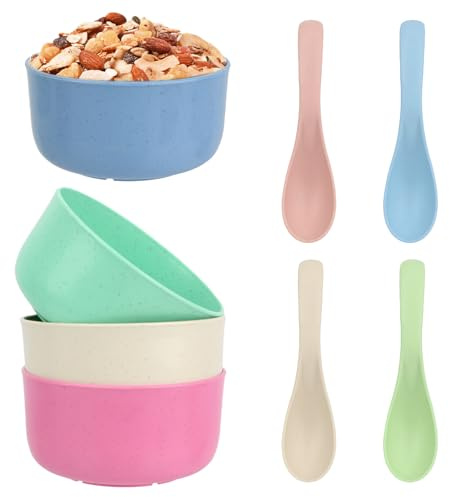4Pcs Unbreakable Cereal Bowls, 450ml Lightweight Picnic Bowl with 4 Spoons | Dishwasher & Microwave Oatmeal Useful Bowl, Large Capacity Bowls, Reusable Camping Snack Pasta Bowls for Soup Noodles Fruit