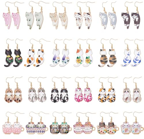 WADORN 24 Pairs Cute Cat Dangle Earrings, Lightweight Kawaii Aesthetic Alloy Funny Cartoon Kitten for Women Aesthetic Animal Floral Teacup Cats Earrings for Animals Cat Lover Birthday Party Gifts