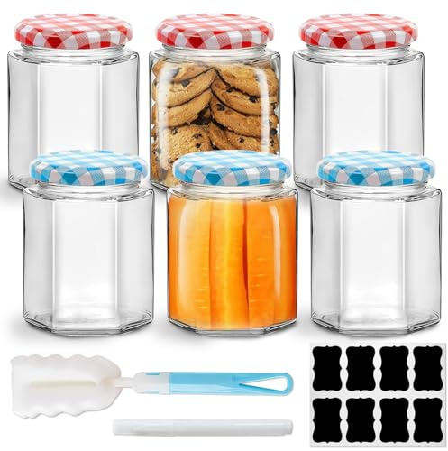 Zykphao Set of 6 Glass Jam Jars with Lids, 280ml Airtight Hexagonal Preserving Jars with Red & Blue Gingham Lids for Pickles, Chutney, Marmalade, Honey and Candle Making