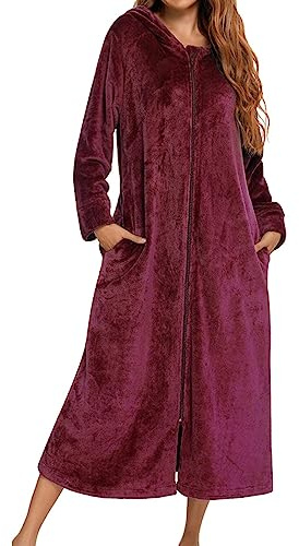 Generisch Morgenmantel Damen Flanell-Langarm-Bademantel mit Reißverschluss, Paar-Nachtwäsche für Winter