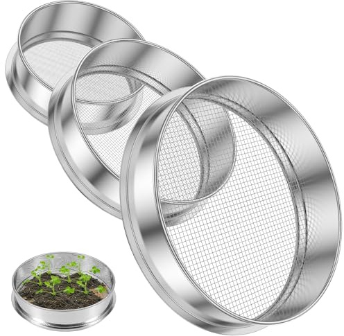 3 Different Sizes Garden Soil Sifters, Heavy Duty Steel Garden Riddle, Compost Sifter, Mesh Gardening Tools for Sifting Soil, Sand or Rocks