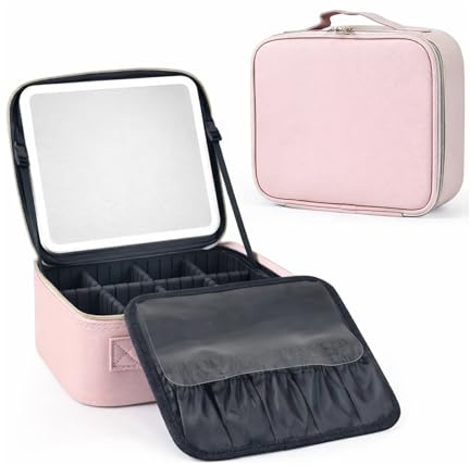 GREENSAPPIRE Travel Makeup Bag with LED Mirror Vanity Case with 3 Color Light Modes Adjustable Dividers Makeup Case for Women Travel Makeup Organiser Bag for Brushes Jewelry Toiletries (Pink)
