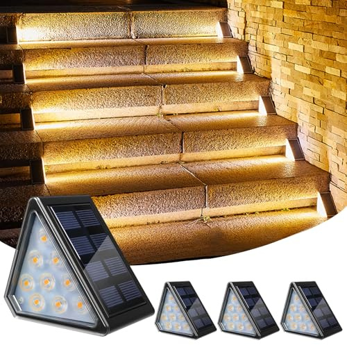 CREATESTAR Luce Solare per Scale,4 Pezzi Lampade Solari Per Esterni,Bianca Calda 3000K Luci Solari per Esterni IP67 Impermeabile Per Giardino Recinzione Terrazza Cortile Patio