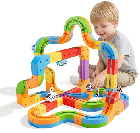 Azazaza Clickrail Electric Train Set, 3D STEM Magic Rail Cube Train Set, Track Fusion Toy with Flexible Building Race Track & Gravity-Defying Train, DIY Cube Track Educational Toy for Boys & Girls 3+