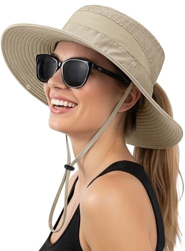 Xnova Cappello da Sole Donna Tesa Larga Coda di Cavallo UPF50+ Regolabile Secchiello Cappelli per Protezione UV Traspirante Mesh Pieghevole Cappellino(A-Beige, Cappello Circonferenza: 55–60 cm)