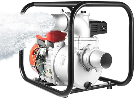 Benzin Wasserpumpe 7.5PS 212cc, Selbstansaugende Gartenpumpe mit 35m³/h Durchfluss, 30m Förderhöhe für Schmutzwasser, 4-Takt Benzin Wasserpumpe mit 80mm Anschluss für Bewässerung und Entwässerung