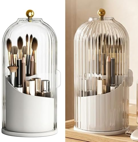 LOMUHM 360 Rotating Makeup Brush Holder With Lid, 12.5x12.5x25 cm Compact Ribbed Organizer Featuring 3 Compartments And Golden Handle For Vanity Cosmetics Or Bathroom Grooming Tools Storage