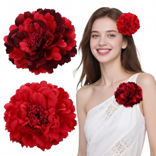 2 Pinces à Cheveux Fleur Rose (11cm) - Accessoires Cheveux Mariage pour Femme, Broche Fleur Artificielle Rouge et Bordeaux pour Cérémonie, Soirée et Fête - Lot de 2