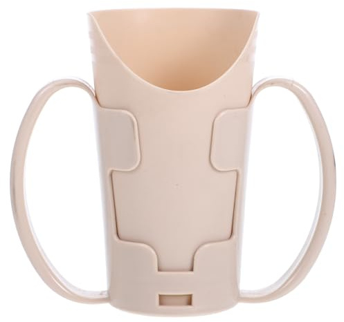 Cabilock Tasse en Plastique Beige avec Double Anse Ergonomique pour Personnes Âgées Alitées, Design Anti-déversement avec Ouverture Inclinée pour Boire sans Risque