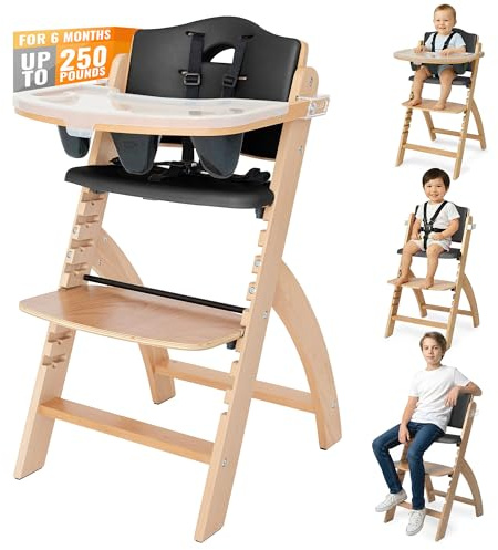 Abiie Beyond Junior Wooden High Chair with Tray - Adjustable and Convertible High Chair for Babies and Toddlers - 6 Months to 250 Lb - Water Resistant - Natural Wood/Black Pearl Cushion