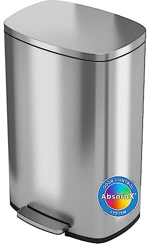 iTouchless PasoSuave, Cubo de basura con pedal, 50 L, con filtro para olores y cubo interior, para oficina y cocina, cierre de la tapa suave y silencioso, acero inoxidable