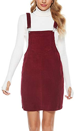 Tanming Women's Corduroy A Line Cute Jumper Pinafore Bib Overall Mini Dress Skirt (WineRed-XXL)