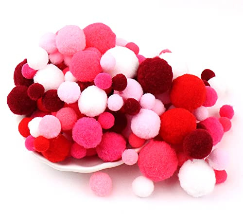 Duories 135 Bunte Pompons zum Basteln,10-30mm Mini Pompons Bälle Kleine Bommeln Kugeln,Flauschigen Bunte Pom Pom Deko Pompom Plüschbälle Bastel Zubehör für Nähen Deko DIY Handwerk,Rot Rose Rosa