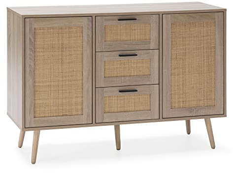 HOMN LIVING Aparador Dalia 3 cajones y 2 Puertas Color Roble, guías metálicas, 120 cm (Ancho) 40 cm (Profundo) 81 cm (Altura)