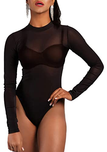 WTMFORU Damen Body, Langarmbody Halbtransparent, Sexy Sheer Mesh Bodysuit Dessous Top zum Ausgehen, Lässige Schwarz Beige Stehkragen Unterwäsche für Damen, Bluse Tops Outfits (Schwarz, L/XL)