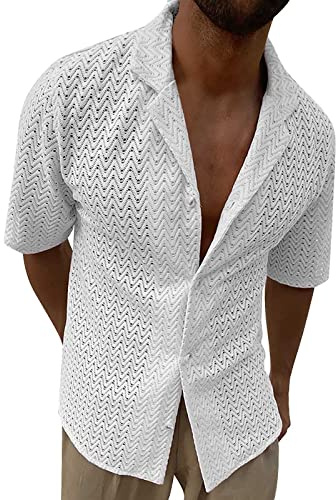 Celucke Strickhemd Herren Hohloberteil Sommer Aatmungsaktiv Hemd Männer Einfarbig Schlank Rever Hemden Kurzarm Lässig Freizeithemden Loose Shirt(Weiß,XXL)