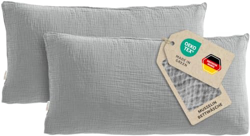 Pure Label Musselin Kissenbezug 2er Set 40x80 cm 100% Baumwolle - Grau | Traumhaft weiche, kuschelige Bettwäsche-Sets aus Musselin - 40° Waschbar