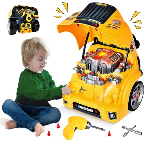 JONRRYIN Auto Schrauben Kinder mit Bohrmaschine, Großer Traktor zum Schrauben Spielzeug Set mit Licht und Sound, Motorblock Reparatur-Funktionen, Lernspielzeug Geschenke Jungen Geburtstag 3-8 Jahre