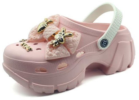 Sunporx Plattform för kvinnor träskor hög plattform trädgård clog sandaler strand halkfria träskor söt mode rosett tillbehör tjock botten träskor, Rosa, 5.5-6 US