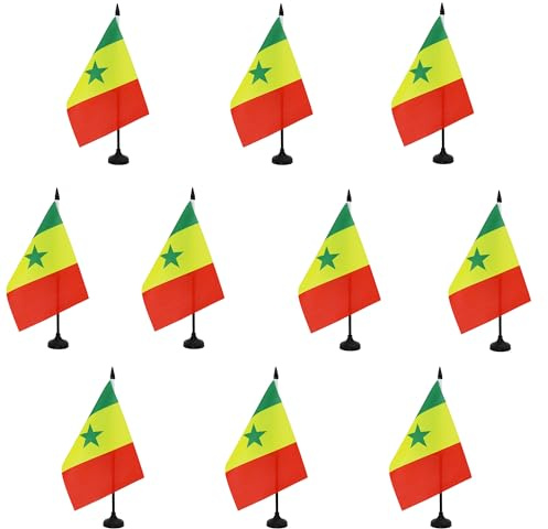 AZ FLAG Lot de 10 Drapeaux de Table Sénégal 21x14 cm Socle Plastique | Usage intérieur Drapeau de bureau sénégalais Senegaal finition cousue et bords renforcés polyester 100D