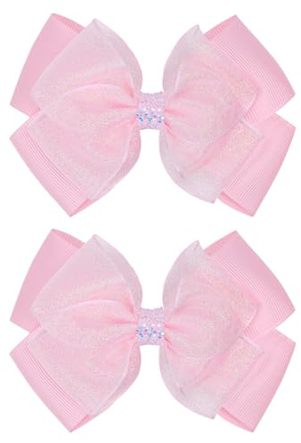 Zolyco Glitter 4.5-Inch Hair Bows Organza Alligator Clips, Sequin Delicate Double Silver Thread Woven Mesh Hair Accessories for Girls, Toddler, Kids and Women Birthday Wedding - Set of 2 (Light Pink)