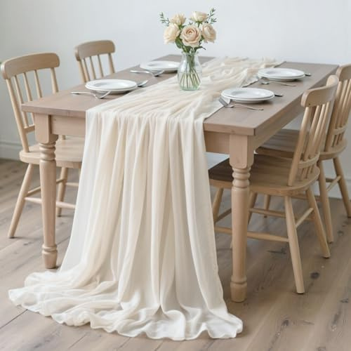 H HOMEWINS Tischläufer 305 x 70 cm aus Chiffon - Eleganter Tischläufer in Beige, Ideal Tischdeko für Hochzeit, Festtafel, Dinner Party & Esstisch