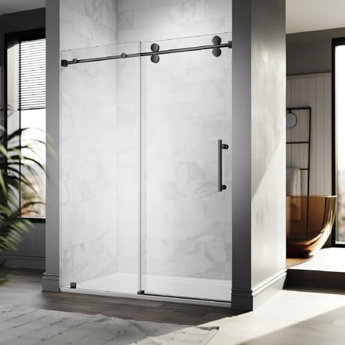 56-60 Inch x 84 Inch Sliding Frameless Shower Door, 3/8 Tempered Glass with Easy-Cleaning Coating, Stainless Steel Rollers & SGCC-Certified Stability, Matte Black
