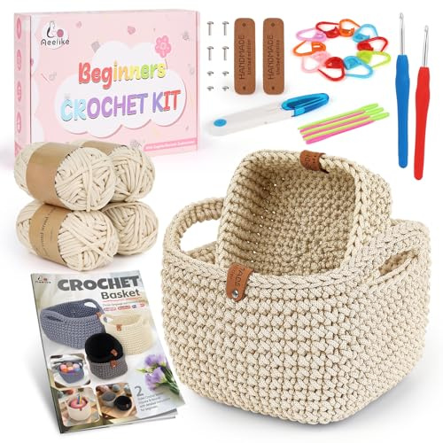 Aeelike Set all'uncinetto per principianti, set di cestini quadrati all'uncinetto, beige