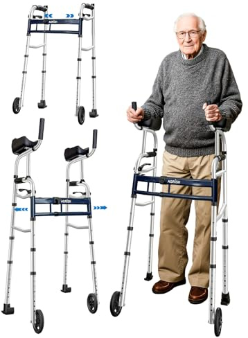 Narrow Walker Folding Upright Walker - with Removable Armrests, 450LBS Heavy Duty, Width & Height Adjustable Narrow Walkers for Seniors, Disabled, Bariatric