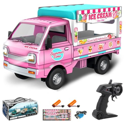 Kodbiby RC Truck, 1:16 Scale RC Shop Truck, 2.4Ghz Off Road Remote Control Snack Van Crawler with LED Lights and Sound Effects, Mini Mobile Shop for Teens Adults (Ice Shop)